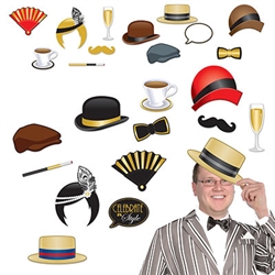 Get loud at your 1920s party and take some awesome photos with our Great 20's Photo Fun Signs. Some of the signs include a fancy hat, a cup of coffee and a classic mustache. There are a total of 12 pieces, with each measuring from 6.25 inches to 11 inches