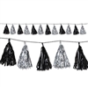 Add an elegant touch to any party with our black and silver Metallic Tassel Garland. The garland measures eight feet long and each of the 12 foil tassels on the garland measures approximately 9 inches. One garland per package.