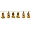 The Metallic Tassel Garland- Gold is made of a gold metallic foil material. Measures 9 3/4 inches by 8 feet long. Contains one (1) per package.