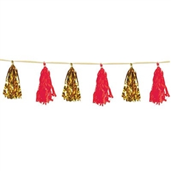 The Metallic & Tissue Tassel Garland is made of alternating gold metallic foil tassels and red tissue tassels. Has 12 tassels attached. Measures 9 3/4 inches by 8 feet long. Contains one per package.