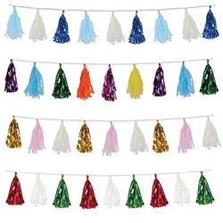 Each Metallic & Tissue Tassel Garland features elegant colors and measures eight feet in length. The combination of metallic & tissue tassel gives the garland a unique, eye-catching appearance. Comes one colorful garland per package!