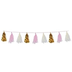 Whether you're celebrating a birthday party or want to decorate for a baby shower, our Metallic & Tissue Tassel is up to the task. The tassel measures eight feet in length and features exquisite gold, pink and ivory colors. Comes one garland per package.