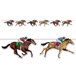 Get ready for derby day by decorating your home or race track with this Horse Racing Streamer. This streamer features jockeys and horses racing along a streamer that measures six feet long! Comes one Horse Racing Streamer per package.