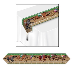 This Printed Horse Racing Table Runner features horses competitively racing on a racetrack. The table runner measures six feet long and it's 11 inches wide at the widest point. It's very colorful and is the perfect table decoration for Derby Day.