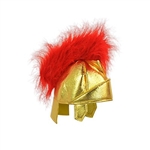 The Fabric Roman Helmet is a soft, gold fabric helmet with a furry red crest. Perfect for school plays or costumes. One size fits most adults. Not eligible for returns due to hygiene concerns.