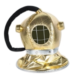The Fabric Diver Helmet is metallic gold fabric with a silver band around the bottom. Black plush material resembling a tube is attached. Has a face opening with silver string across which gives it a realistic appearance. One size fits most. No returns.