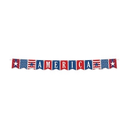 Show your spirit and pride, by displaying the America streamer at your next event. This 8 foot  printed card stock streamer features pennant cards printed in a red, white, blue color scheme. Cards spell the word America. Simple assembly required.