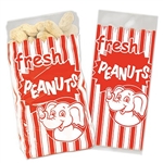 The Peanut Bags are printed with red and white stripes and read fresh PEANUTS with an image of a friendly elephant. They measure 4 inches wide by 9 1/2 inches tall by 2 inches. 50 bags per package. Allow peanuts to cool first. Silver ties included.