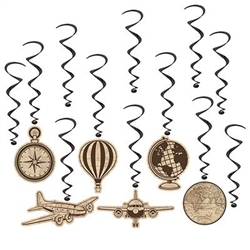 The Around The World Whirls contain 12 pieces per package. (6) whirls have a decorative cardstock icon attached and (6) whirls are plain whirls. The whirls are black metallic swirls. Measurement from 17 inches to 30 1/2 inches long.