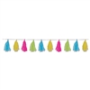 The Tissue Tassel Garland - Cerise, Light Green, Turquoise, Yellow measures 8 feet long and consist of (12) 9 ¾ inch tassels. Made of tissue. Sold one garland per package.
