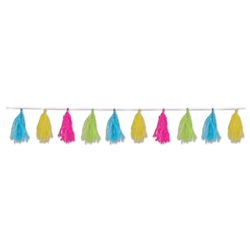 The Tissue Tassel Garland - Cerise, Light Green, Turquoise, Yellow measures 8 feet long and consist of (12) 9 ¾ inch tassels. Made of tissue. Sold one garland per package.