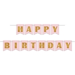 The Foil Happy Birthday Streamer is made of pink cardstock with gold foil lettering. It measures 6 inches tall and 12 feet long. Contains one streamer per package. Simple assembly required.