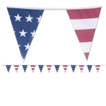 The Americana Fabric Pennant Banner will add a vintage look to your patriotic decorations. Fabric pennants are printed with alternating designs of stars and stripes. Banner measures 12 feet in length, and features 12 pennants. One banner per package.
