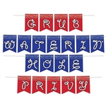 The Western Streamer Set is printed on one side. Its a 3 in 1 set and can make the phrases "Grub", "Waterin Hole" and "Privy". Printed on red and blue cardstock with a bandana design along the top. Includes 20 cards and 1 12 ft cord. Assembly required.