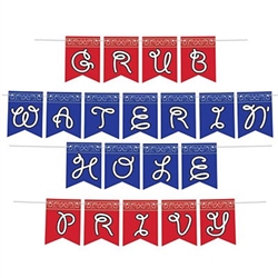 The Western Streamer Set is printed on one side. Its a 3 in 1 set and can make the phrases "Grub", "Waterin Hole" and "Privy". Printed on red and blue cardstock with a bandana design along the top. Includes 20 cards and 1 12 ft cord. Assembly required.