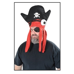 The Felt Pirate Squid Hat adds a whimsical touch to any pirate outfit. The red felt squid-like creature peers out from beneath a traditional black pirate's hat. Tentacles fall on either side of your face. One size fits most adults. No returns.