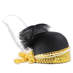 Top off your roaring 20's costume with this Sequined Flapper Hat. The black felt had with gold sequined ribbon is sure to impress your guests.