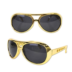 Remember Elvis Presley, the king of rock & roll? Now you can look like him, thanks to these Rock & Roll Glasses! These fashionable glasses feature a gold frame with relatively dark lenses. Comes one pair of glasses per package.