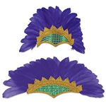 This Feathered Showgirl Headpiece instantly turns you into a Mardi Gras showgirl! It has purple feathers with an elegant gold section around green sequins.