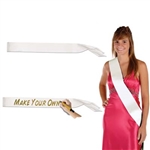 Decorate a White Satin Sash to acknowledge a special event. Each sash is attached at one of the ends, so that you can easily slip it over your head and wear across your body. It is sized to fit an average adult.