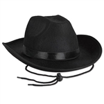 You'll get your cowboy on when your wearing this classic Black Felt Cowboy Hat!  This classically styled cowboy hat is just the ticket for any western themed party.  Each hat comes with a chin string and black ribbon hatband.