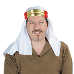 Soft satin head covering featuring a white fabric material with two gold fabric strips at the top, accented with red. Fits an average sized head. Perfect for Halloween, International party, or Nativity scene.