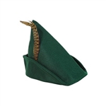 The Felt Robin Hood Hat is forest green and embellished with a feather. Measures 12 inches across and 10 inches high including the feather. Has an inside circumference of 22 inches. One size fits most adults. One per package. No returns.