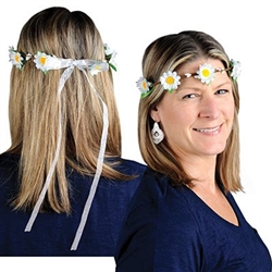 The Daisy Headband is made of white daisies and beads attached to a wrapped wire with a sheer white ribbon on the back. One size fits most. One per pack. No returns.
