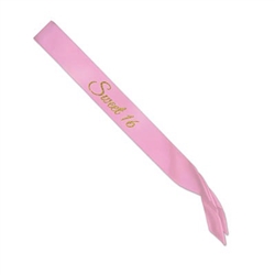 The Glittered Sweet 16 Satin Sash is made of satin fabric and measures 4 inches wide and 33 inches long. It's pink with "sweet 16" printed in gold glittered script. One size fits most. One per package. No returns.