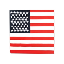 Wear this patriotic bandana with pride. Printed on 100% polyester fabric, in the design of the United States Flag, this great party decoration can be worn with your favorite outfit or simply hung for display.