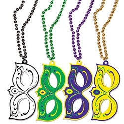 The Mardi Gras Masks w/Beads are made of hard foam board and measure 4 inches by 7 3/4 inches. The beads are 33 inches long. Comes in an assortment of colors: green, gold, purple, and black. The masks are printed with different vibrant designs. 4 per pack
