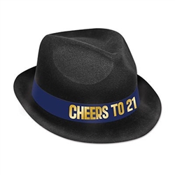 The 21st Birthday Hat is a black plastic velour covered hat with a blue band that reads "Cheers to 21" in gold. Fits full head size. One size fits most. Contains one (1) per pack. No returns.