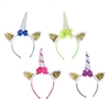 The Glittered Unicorn Headbands are made from a standard headband topped with a white unicorn horn wrapped in colorful ribbon with matching flowers and two gold glittered white ears. One size fits most. Contains (4) per package. No returns.