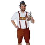 These Bavarian Suspenders are made of brown felt, and adjust from approximately 43 inches to 52 inches. A 9-inch printed Bavarian theme insert joins the suspenders. Metal clips attach to both ends, allowing for secure fastening to pants. One per pkg