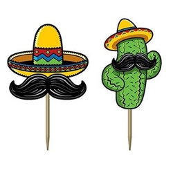 The Fiesta Picks are made of cardstock with a wooden pick. They're an assortment of sombro's and cacti each with a mustache. Printed on two sides. Measure 3 1/2 inches tall. Contains 50 per package.