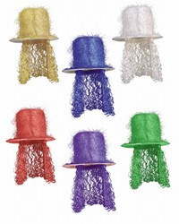 Assorted Tinsel Top Hats with Curly Wigs (1/pkg)