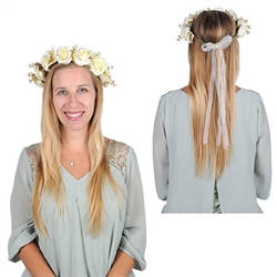 The Floral Crown has leaves, white roses, and small white flowers attached to a wrapped wire with a sheer white ribbon bow attached to the back. One size fits most. Adjustable. One size fits most. One per package. No returns.