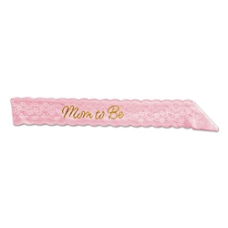 Everyone will know who the guest of honor is, no matter how far along she is, with this classic Mom To Be Lace Sash in Pink.
This one size fit's most sash in pink includes Mom To Be embroidered in gold script.