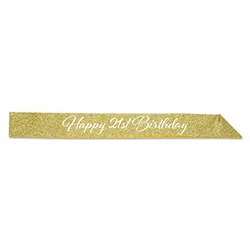 If it's worth saying Happy Birthday, it's worth saying it in glitter!
You're guest of honor will be easy to spot when they're wearing this one size fits most Happy 21st Birthday Glittered Sash!