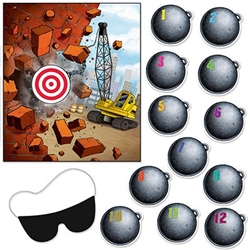 The Pin The Wrecking Ball On The Crane Game is made of cardstock and measures 16 1/2 inches by 19 inches. Each package includes one cardstock blindfold with an elastic band attached and 12 numbered wrecking balls.