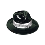 Looking for a great way to "top off" your music themed party outfit?  This Black Plastic Fedora with Music Band may be just what you're looking for.  This one-size-fits-most fedora is molded of glistening black plastic with a high-contrast white hat band.