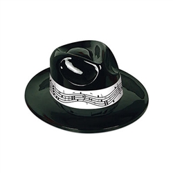 Looking for a great way to "top off" your music themed party outfit?  This Black Plastic Fedora with Music Band may be just what you're looking for.  This one-size-fits-most fedora is molded of glistening black plastic with a high-contrast white hat band.