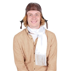 The Aviator Hat & Scarf Set includes 1 faux brown leather hat and a white scarf with fringe. The hat is one size fits most and the scarf measures 40 inches long and 6 inches wide. Due to hygiene-related concerns, this item is not eligible for return.