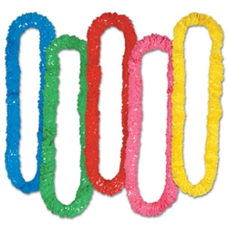 These very popular Luau Party Leis come in assorted colors and are sold in bundles of 12. Each lightweight lei is 36 inches long and made of bright plastic which is approximately one and a half inches thick.