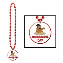 Red Beads with Groundhog Day Medallion (1/pkg)