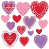 The Valentine's Day Cutouts are made of cardstock and printed on two sides. They come in an assortment of designs. Sizes range in measurement from 4 inches to 12 inches. 14 pieces per package.