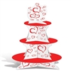 The Valentine Cupcake Stand is made of white cardstock and decorated with red hearts with three red tiers. Measures 16 inches tall. Bottom tier - approx 12 in, middle tier - approx 9 in, and top tier - approx 6 1/4 in. One per pack. Assembly required.