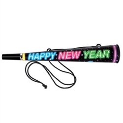 The Mega Horns - Happy New Year are a large 14-inch black plastic horn with an attached cord, allowing it to be easily worn around your neck. Horn displays the sentiment Happy New Year in bright colors. Sold in quantities of 25.