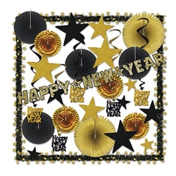 Use the Glistening Gold NY Decorating Kit to decorate your New Year's party quickly and economically. Classic assortment of gold glitter and foil combined with black makes an elegant statement. Kit contains assorted banners, fans, stars and whirls.