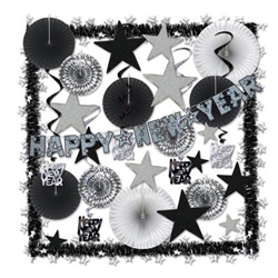 The Shimmering Silver NY Decorating Kit provides over 25 assorted items in a black and silver color scheme. Fans, whirls, star cutouts, garlands, and streamers make it fast, easy, and economical to decorate for any New Years Eve party!